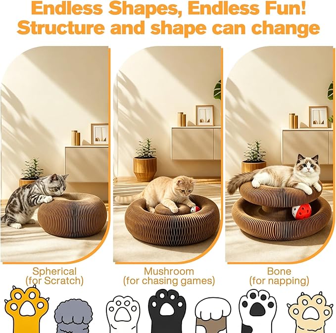 2 PCS Magic Organ Cat Scratcher Board with 6 Balls, Foldable Recyclable Accordion Cats Toy with Ball and Track Adventure, Cat Scratching Pad, Retractable Reversible Furniture Protector(Brown)