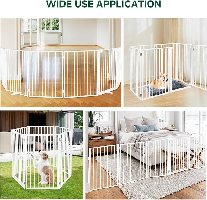 Snagle Paw Full Metal Freestanding Dog Gate with Door, 120” W x 32” H Pet Gate with Support Feet for Doorways, Stairs and Hallways, Portable Dog Fence for Indoor Use(32" 6 Panel, White)