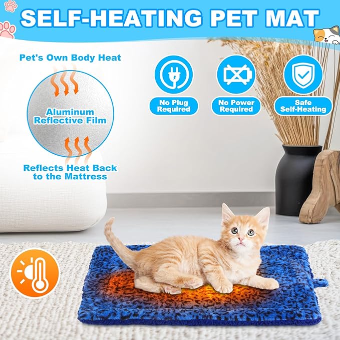 Riakrum 4 Pack Self Warming Cat Bed Mats Leopard Print Cat Dog Thermal Blanket Double Sided Self Heating Pet Pad with Storage Bags for Pet Winter Outdoor Indoor Supplies, Non Electric(M)