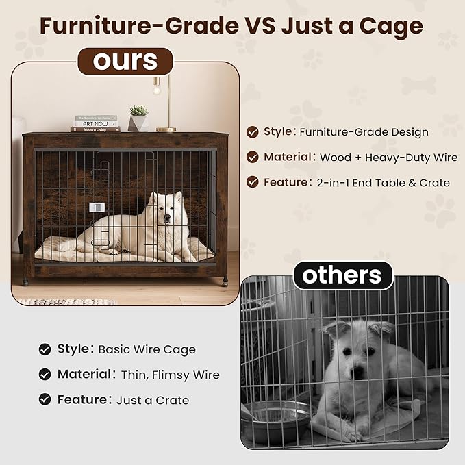 Wooden Dog Crate Furniture, 43in Dog Cage Furniture with Safety Latch, Indoor Decorative End Table for High Anxiety Dogs, Furniture Style Dog Crate for Large Dogs, Aged Black