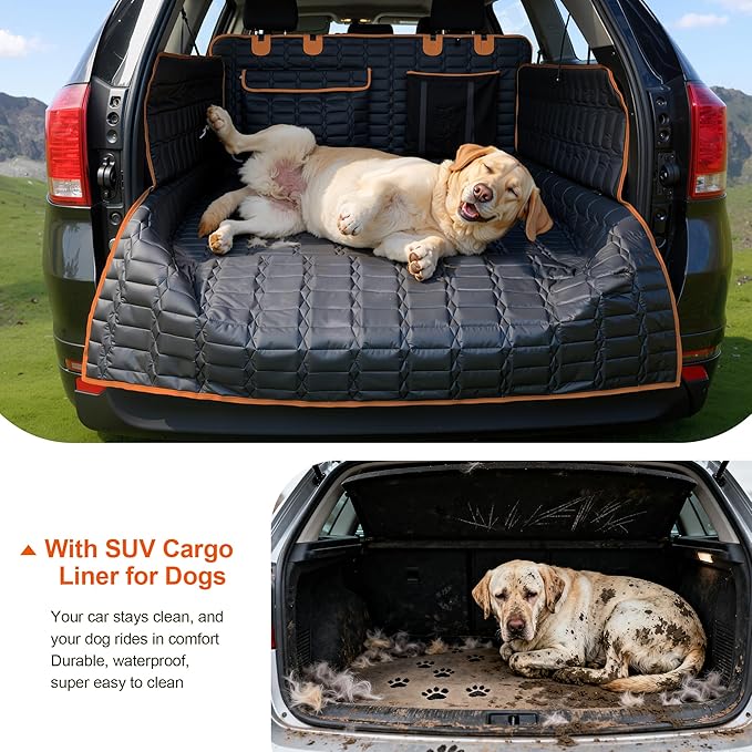 Reliadura SUV Cargo Liner for Dogs, Waterproof Pet Cargo Cover with Bumper Flap Protector, Scrachproof Non-Slip Dog Seat Mat for SUVs, Large Size Cargo Liner Universal Fit (Orange)