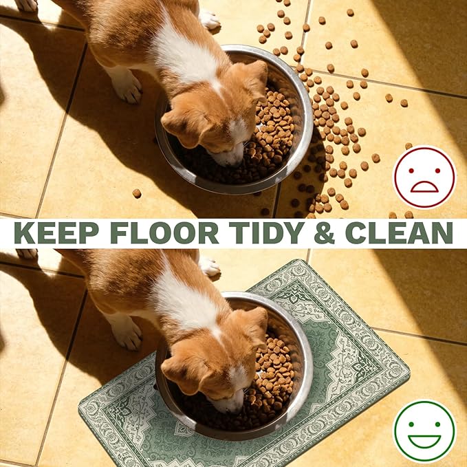 Pet Dog Cat Food Mat, Absorbent Dog Bowl Mats for Food and Water, Non Slip Boho Dogs Cat Placemats Feeding Mat for Floors Indoor Puppy Pet Accessories Supplies 12 * 20 inch, Retro Green