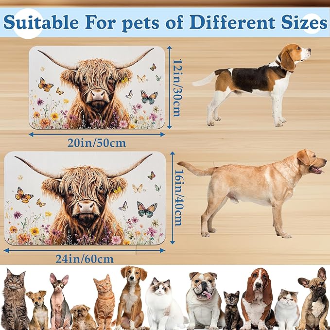 Highland Cow Butterfly Dog Food Mat–Absorbent Quick Dry Feeding Placemat for Food and Water Bowls, Non Slip Rubber Backing, Waterproof Pet Supplies for Mess-Free Eating 16"x24"