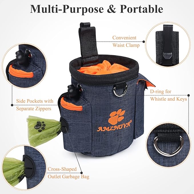 AMZNOVA Dog Treat Bag Treatnow Dog Treat Pouch, Training Pouch with Waist Belt & Clicker for Training & Walking, Waist Clip On Snack Fanny Pack for Pet, 3Cups, Heather Blue