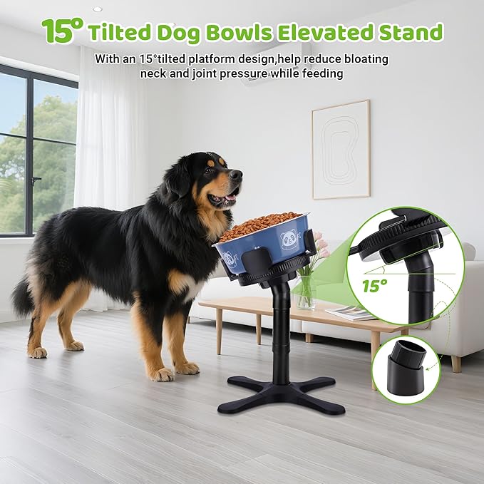 Dog Bowls,Elevated Adjustable Dog Bowl Stand with 3 Heights & Tilted Feeding Design, Raised Stand Compatible with Medium & Large Breeds(2 Pack) Black