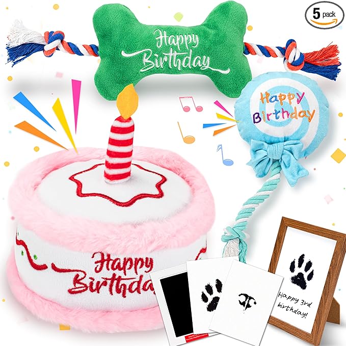 LECHONG 7Pcs Dog Birthday Toys Gifts, No-Mess Paw Print Keepsake Kit with Squeaky Dog Cake Toy, Plush Crinkle Toy, Pet-Safe Ink Pad & Photo Frame for Small Medium Dogs