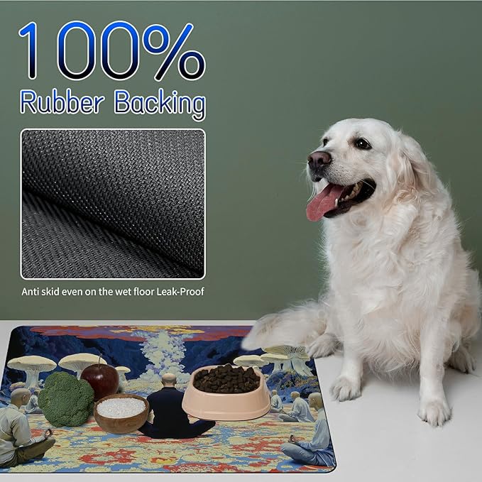 Dog Food Mat, 15.7" x 23.6" Absorbent Pet Feeding Mat for Food and Water, Waterproof Diatom Mud Pet Placemat with Non-Slip Rubber Backing, Cat Bowl Mat for Floors - White Mushroom Man