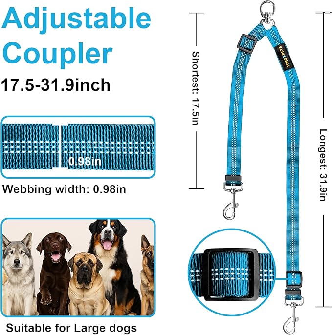 MingXpet Double Dog Leash for Two Dogs, No Pull Dog Leash, 360° Swivel No Tangle for Large Dogs Walking & Training, Shock Absorbing Reflective Bungee, Blue