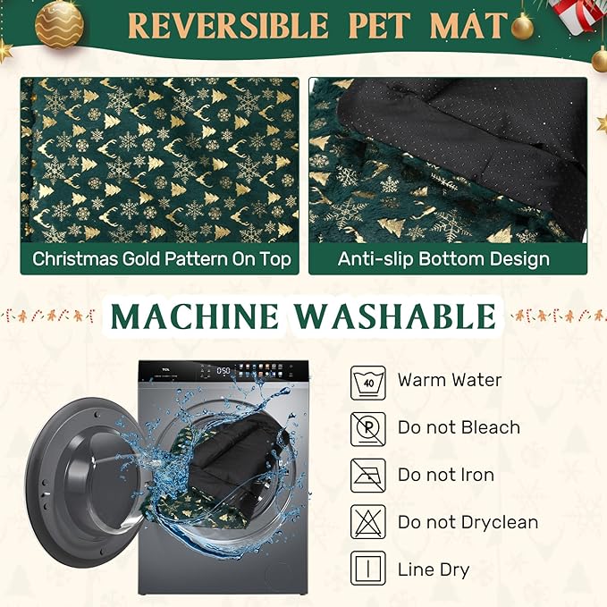 2 Pack Winter Self Warming Cat Mat Machine Washable Winter Reflects Body Heat Warm Thermal Pet Pad with Non Slip Bottom 18 x 24 Inch Green Snowflake Bed for Indoor Kitten Dog Crate