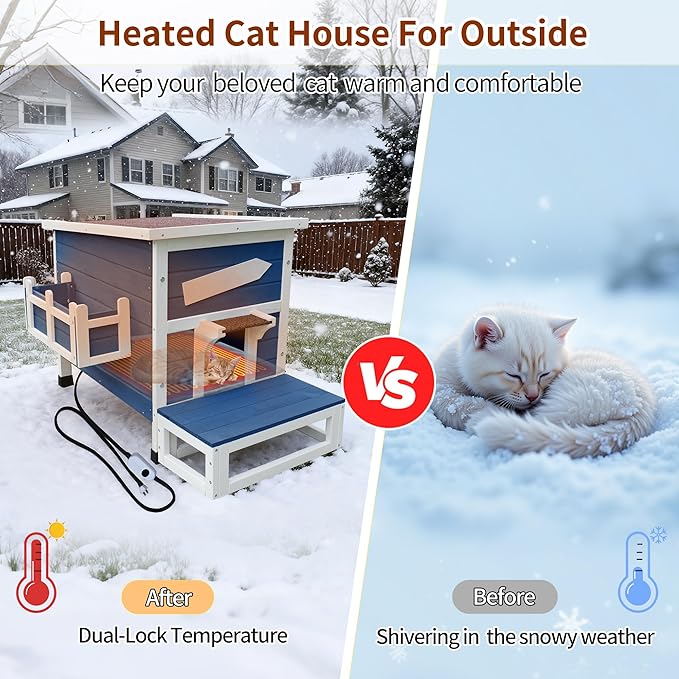 Rockever Heated Cat House for Outside Cats in Winter, Large Heated Cat Houses with Heating Pad, Wooden Outside Cat Shelter Weatherproof with Escape Door(Blue)