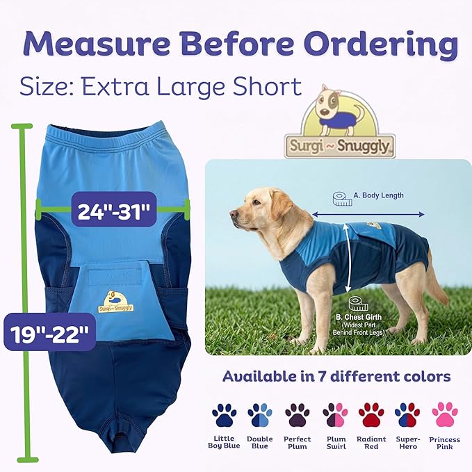 Surgi Snuggly Dog Surgery Recovery Suit - Dog Onesie for Post Surgery Recovery, Female Spay & Male Neuter - Surgical Suit for Dogs, E-Collar Cone Alternative, Double Blue - XLarge Short - 19"-22" (EC)