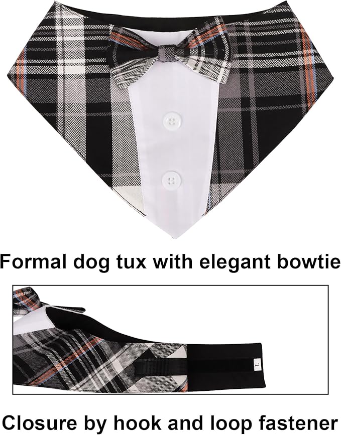 ADOGGYGO Black Dog Tuxedo Bandana, Plaid Bow Tie Collar, Adjustable Black Plaid Wedding Costume for Medium Dogs (M)