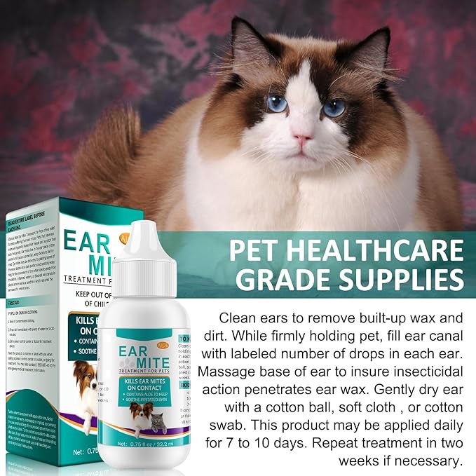 Ear Mites Treatment for Dogs & Cats - Cat Ear Mite Treatment with Aloe Vera, Kills on Contact & Soothes Itching, Vet-Recommended Formula for Pets Ear Cleaning, Fast-Acting 0.75oz Bottle