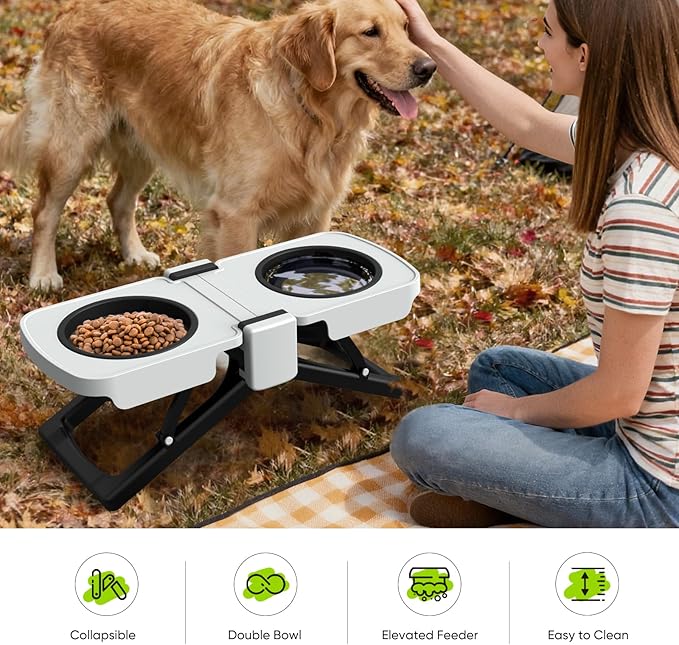 Elevated Dog Bowls Stand, Portable Travel Dog Bowls with Collapsible Silicone Double Diner Bowl, 5 Cups Capacity Food and Water Bowl with No Spill Edge Non-Slip Stand,Ideal for Medium & Large Dogs