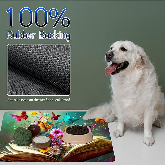 Dog Food Mat, 15.7" x 23.6" Absorbent Pet Feeding Mat for Food and Water, Waterproof Diatom Mud Pet Placemat with Non-Slip Rubber Backing, Cat Bowl Mat for Floors - Books Flowers Butterflies