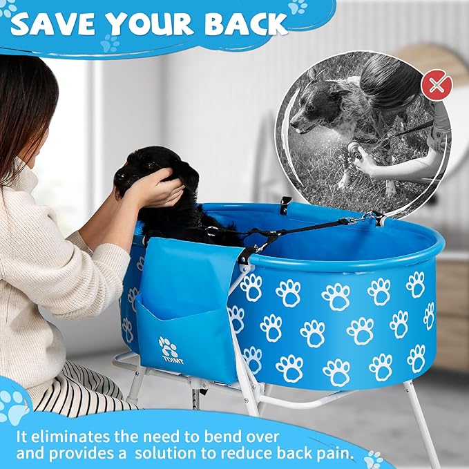 Dog Bathtub for Dogs, Elevated Dog Bath Tub for Pet Grooming and Bathing Shower, Portable, Foldable with Safety Lock, Professional Pet Washing Station for Small Midel Dogs Cats (Blue)
