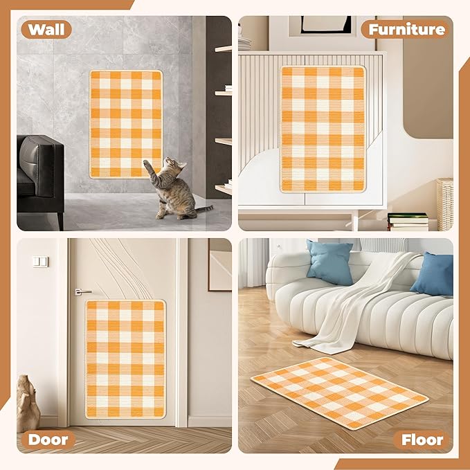 Cat Scratcher Mat, Natural Sisal Cat Scratch Pad, 23.6x15.7 Inch Horizontal Cat Floor Scratching Pads Rug with Hook & Loop to Protect Couch & Carpets & Sofas（Orange White）