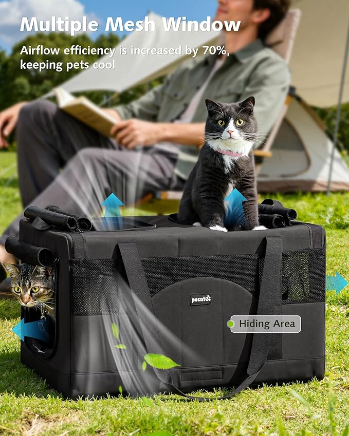 Pecute Dual Compartment Pet Carrier for Multi-Cat Families & Small Dog Owners, Collapsible Dog Crate with Reinforced Steel Frame, Car Safety Design for Travel, Vet Visits & Home Use, Dark Gray
