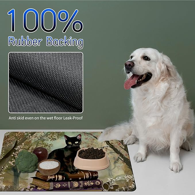 Dog Food Mat, 15.7" x 23.6" Absorbent Pet Feeding Mat for Food and Water, Waterproof Diatom Mud Pet Placemat with Non-Slip Rubber Backing, Easy Clean Cat Bowl Mat for Floors - Book Cat Gray