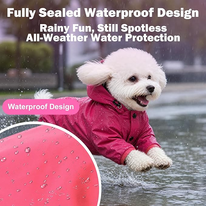 Dog Raincoat Waterproof Windproof Full Body Pet Jacket, Adjustable Reflective Puppy Rain Suit with Leash Hole, Lightweight Foldable Dog Coat for Small Medium Dogs(Pink, Large)