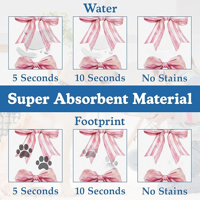 Pink Bows Dog Cat Food Mat–Absorbent Waterproof Placemat for Food and Water Bowls, Non Slip Rubber Backing, Feeding Mat for Clean Floors 12"x20"