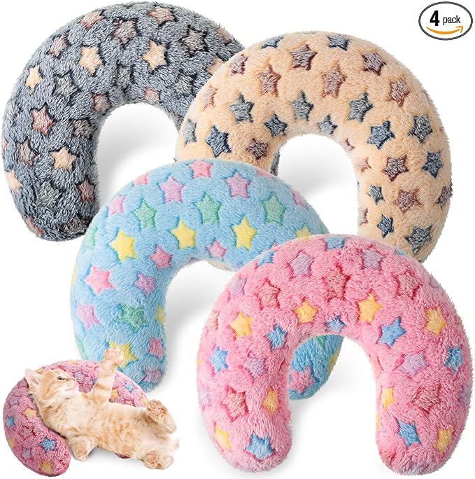 Sweetude 4 Pcs Pillows for Cats Puppy Bed Fluffy Pet Calming Soft Gifts Half Donut U Shaped Pet Neck Pillow Training Joint Relief Cervical Protection(Vivid Star,Medium)
