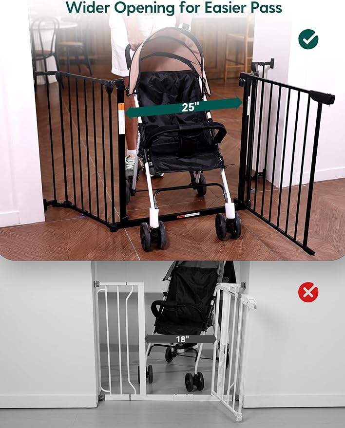 Babelio 72" Extra Wide Baby Gate, 30” Tall Auto Close Dog Fence for Stairs Kitchen Doorways Fireplace, Hardware Mounted Pet Gate Indoor, Foldable 3 Metal Panels, AdaptiZone Series, Black