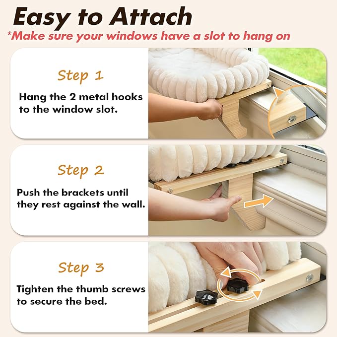 Zoratoo Cloud-Cuddle Cat Perch for Window Sill with Bolster, Natural Wood & Metal Frame Cat Window Seat for Large Cats, Easy to Adjust Zipper Cushion Pet Bed for Windowsill (Large)