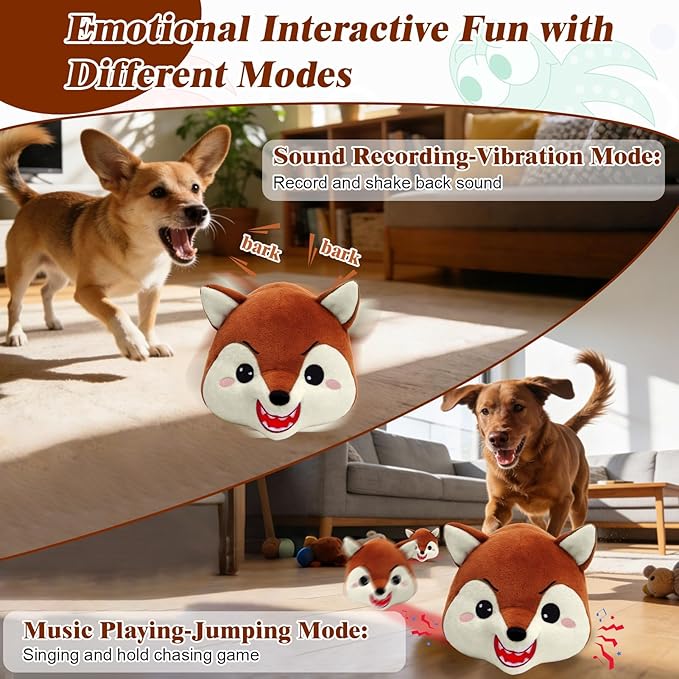 Mity rain Interactive Dog Toys with Thicken Plush, Moving Dog Toy with Recording Mode Shaking & Singing Mode Bouncing, Funny Ball Jumping to Keep Them Busy & Chase, Rechargeable (Fox)