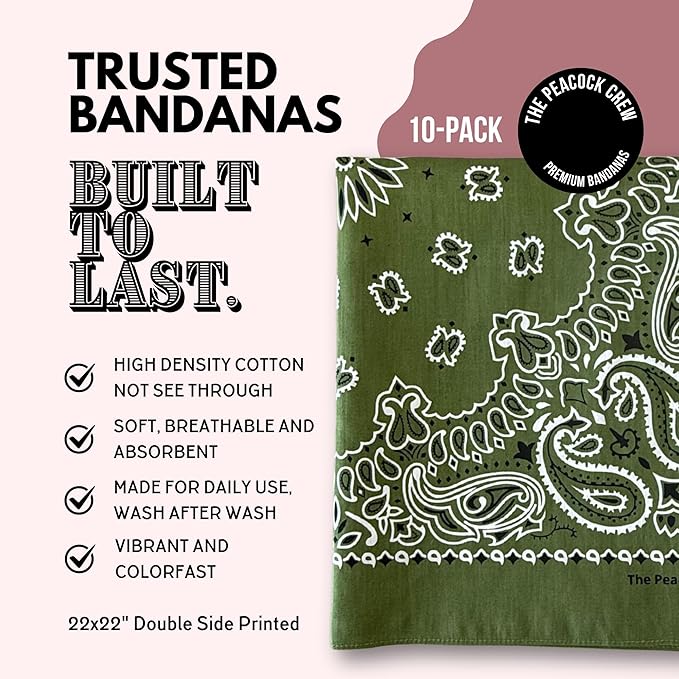 The Peacock Crew Premium Soft Cotton Bandanas Pack for Men and Women Paisley 22 x 22 inches