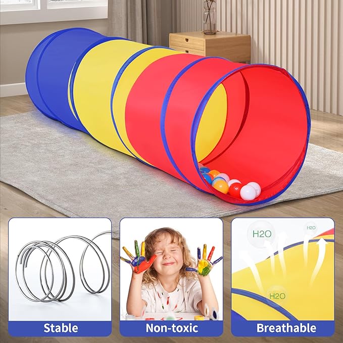 Hoohtoot Kids Play Tunnel Tent for Toddlers, Colorful Pop Up Crawl Through Passage, Indoor & Outdoor Tunnel Toy for Kids Backyard Playset, Dog Cat Pet Pipe (Red, Yellow and Blue Mesh Tunnel)
