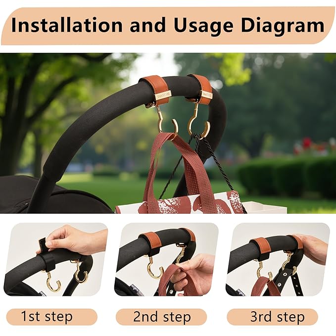 2 Pack Stroller Hooks,Strong Synthetic Leather Hook-and-Loop Fastener&High-Quality Metal Hooks,Universal Bag Clip|360° Rotation, 66lb Capacity,Non-Slip-Fits Wheelchair(Brown-Silver Gray)