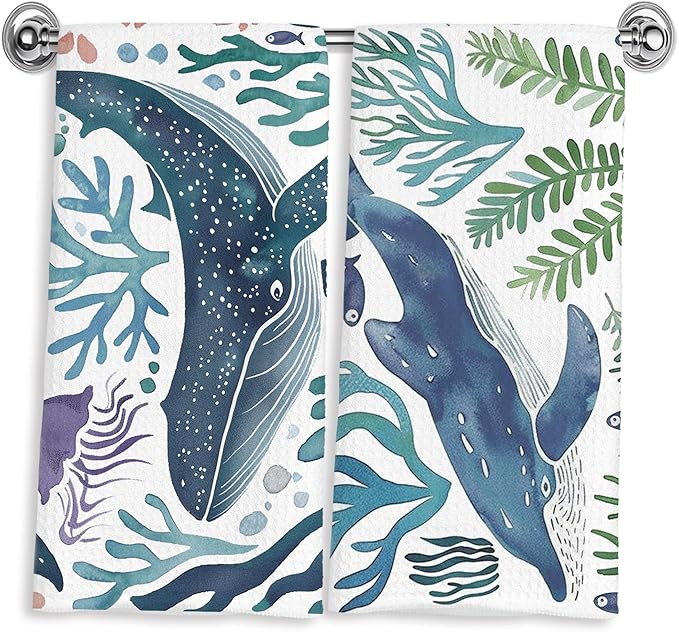 Blue Whale Nautical Coastal Hand Dish Tea Towels for Kitchen Bathroom Decor 16x24 Inches, Coastal Bathroom Decor, Ocean Marine Life Beach Kitchen Towels Decorative Set of 2
