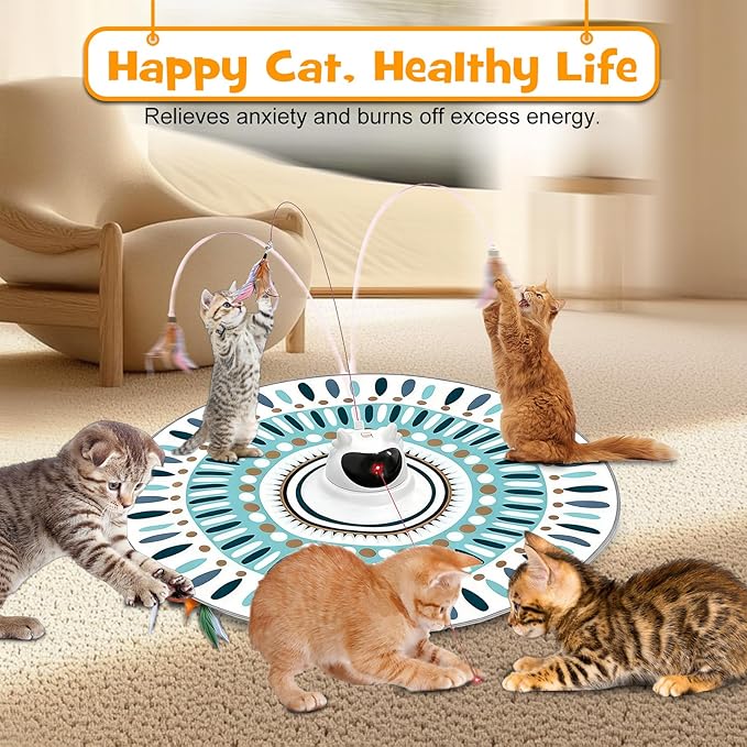 3 in 1 Automatic Interactive Cat Toy for Indoor Cats, USB Rechargeable Adjustable Laser, 360° Rotating Feather Wand, Real Bird Chirp, Motion-Activated Hide Seek Mat, Auto-Off, Quiet Operation