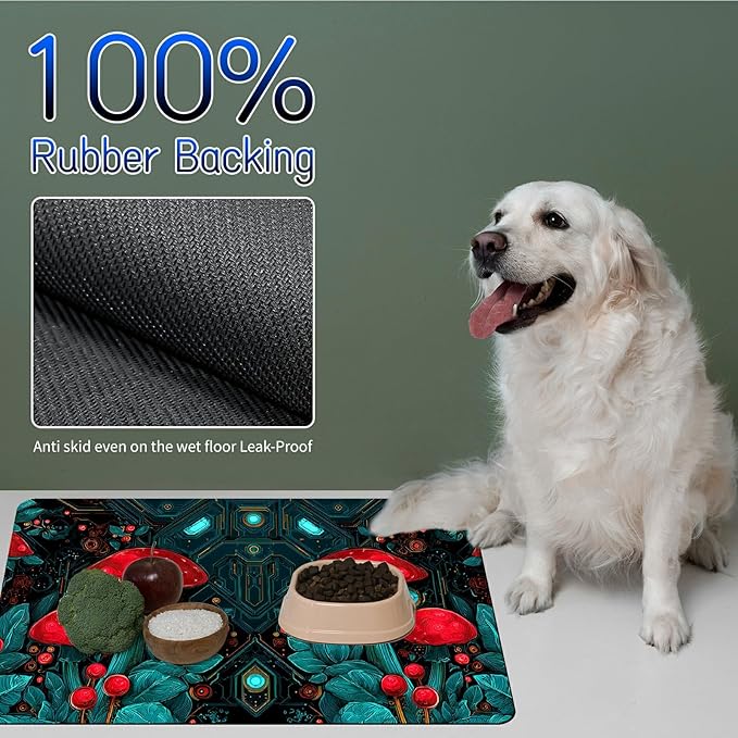 Dog Food Mat, 15.7" x 23.6" Absorbent Pet Feeding Mat for Food and Water, Waterproof Diatom Mud Pet Placemat with Non-Slip Rubber Backing, Cat Bowl Mat for Floors - Red Mushroom Machinery