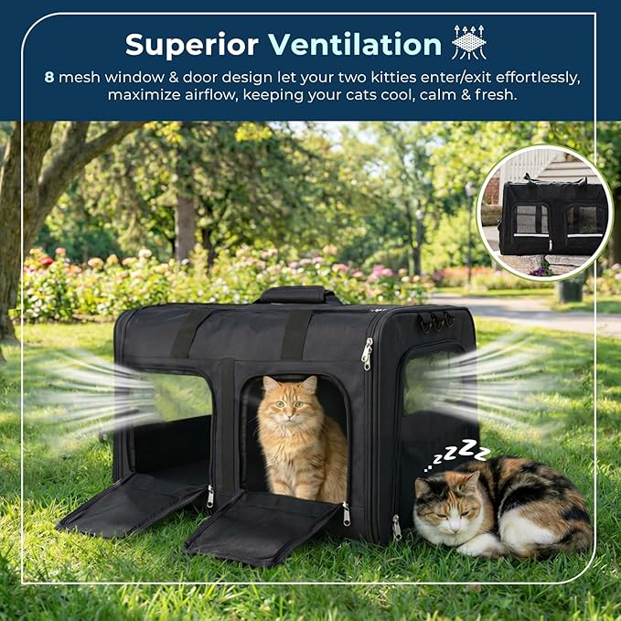 Extra Large 3-in-1 Cat Carrier for 2 Cats, with Removable Divider, Superior Ventilation, Portable Soft Sided Double Cat Carrier Large, Hair Removal Glove, 2*Bowl, Extra Side Storage Bag Included