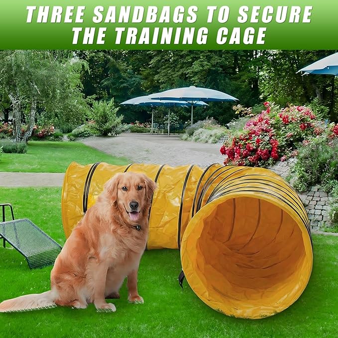 Briwooody 24 in 10 Foot PVC Dog Agility Tunnel with Sandbags Dogs Agility Training Equipment Tunnel with 2 Pack Sandbags, Carry Bag and 4 Ground Spikes for All Medium Large Dogs(Yellow)