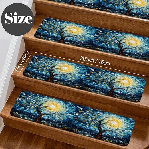 Abstract Tree Starry Sky Stair Treads for Wooden Steps Indoor Washable Staircase Carpet 10PCS 30"x7.8" Stair Step Treads Non-Slip Staircase Covers Peel and Stick Safety Mat for Kids Elders Pets