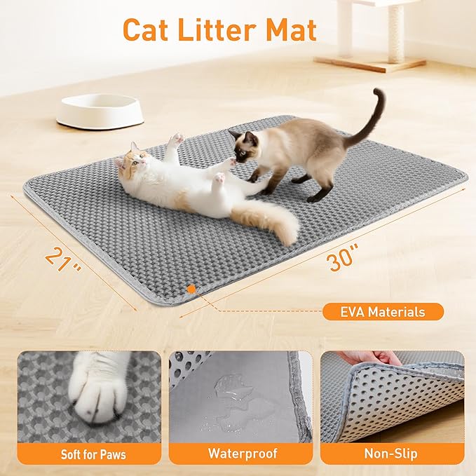 Cat Litter Mat for Litter Box, 30"21" Large Double Layer Trapping Cat Mat, Easy-Clean Scatter Non-Slip Kitty Litter Mat, Grey