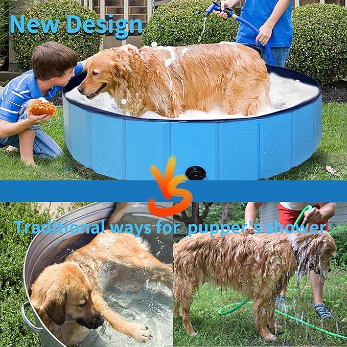 Foldable Dog Pet Bath Pool,63 x 12Inches Hard Plastic Collapsible Pet Bath Tub & Wading Pool or Dogs and Cats for Indoor/Outdoor Use, Blue
