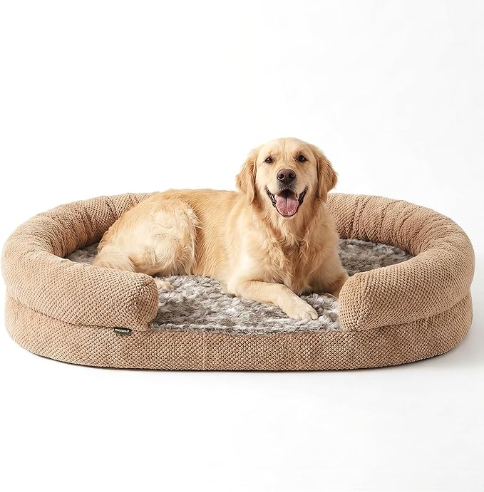 Orthopedic Dog Bed for Large Dogs, XL 48 Inches Oval Pet Bed with Memory Foam, Removable Washable Cover, Bolstered Sides, Thick Supportive, Designed for Senior Dogs, Camel