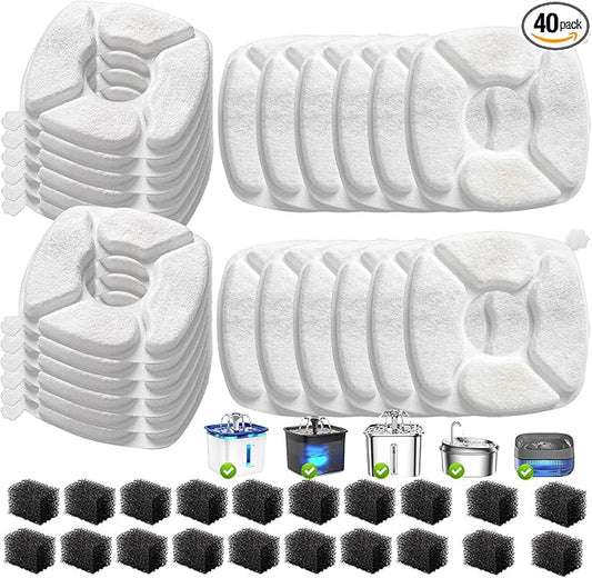 40 Pcs Cat Water Fountain Replacement Filters-20 Pack Cat Fountain Filters with 20 Pack Sponges, Enhanced Compatibility Pet Fountain Filter Fit for 95oz/2.8L 135oz/4L 67oz/2L Pet Drinking Fountain