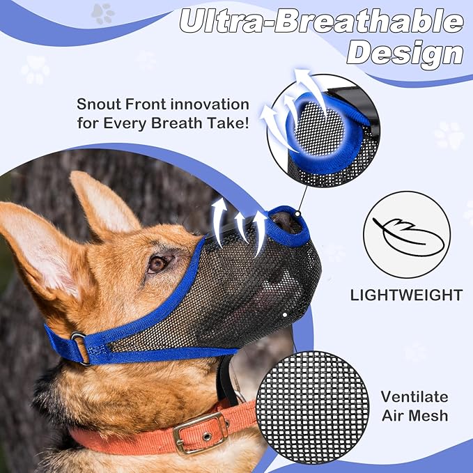 Dog Muzzle, Soft Air Mesh Muzzles for Large Sized Dogs, Breathable Dog Mussels for Scavenging Biting Licking & Barking, Adjustable Mouth Guard with Front Opening, Allows Panting and Drinking (Blue,L)