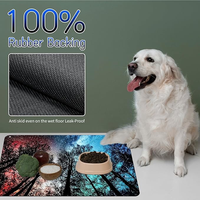 Dog Food Mat, 15.7" x 23.6" Absorbent Pet Feeding Mat for Food and Water, Waterproof Diatom Mud Pet Placemat with Non-Slip Rubber Backing, Cat Bowl Mat for Floors - Red and Blue Trees