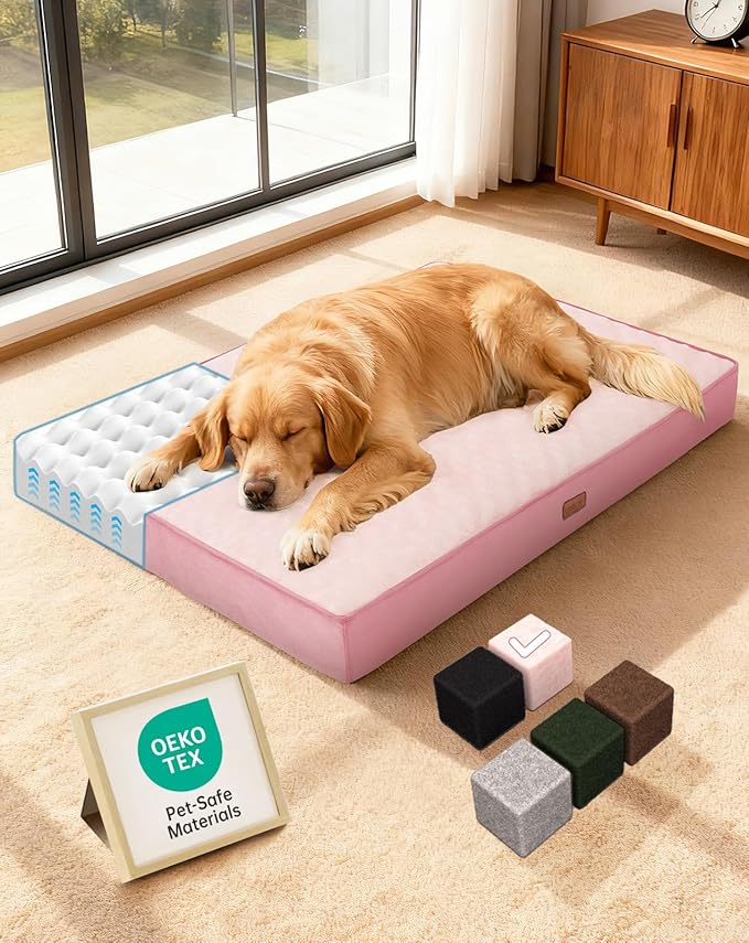 OhGeni Orthopedic Waterproof Dog Bed for Large Dogs, Machine-Washable Removable Cover in Easy-Clean Fabric, Reversible Memory Foam & Easy-Carry Handle, Suitable for Crate, 41 inch (Black)