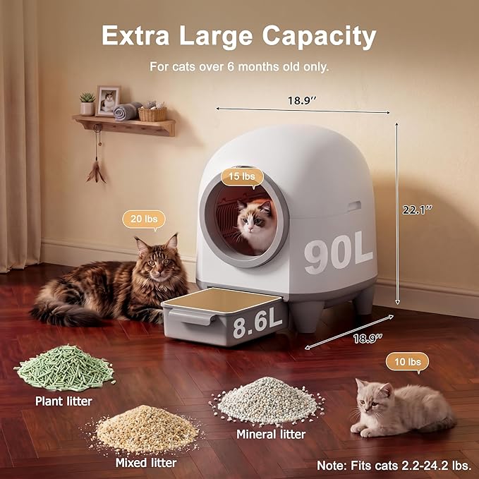 Greesum UltraSmart AutoClean Litter Box - 90L Large Capacity for Multi-Cat Households with Safeguard Tech, APP Control, Odor-Free Design & Mat/1 Roll Litter Bag
