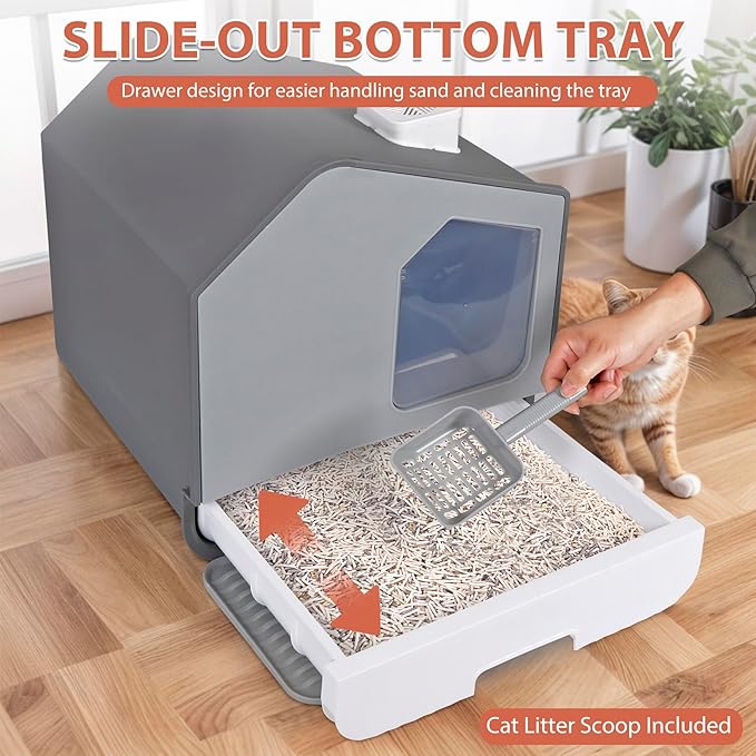 Large Enclosed Cat Litter Box with Mat and Litter Scoop Covered Cat Litter Pan, Odorless Toilet Anti-Splashing Kitty Pan, Gray