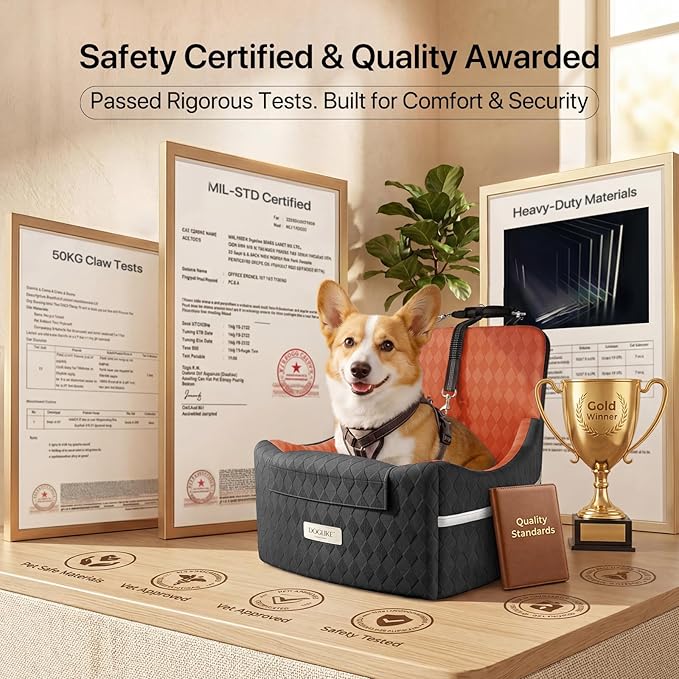 Doglike Dog Car Seat for Small Dogs [2026 Ultimate Comfort & Safety], 5" Memory Foam Pet Booster Seats Up to 35 lbs with Detachable Washable Cover, Travel-Safe Car Bed with Puppy Safety Belt, Brown