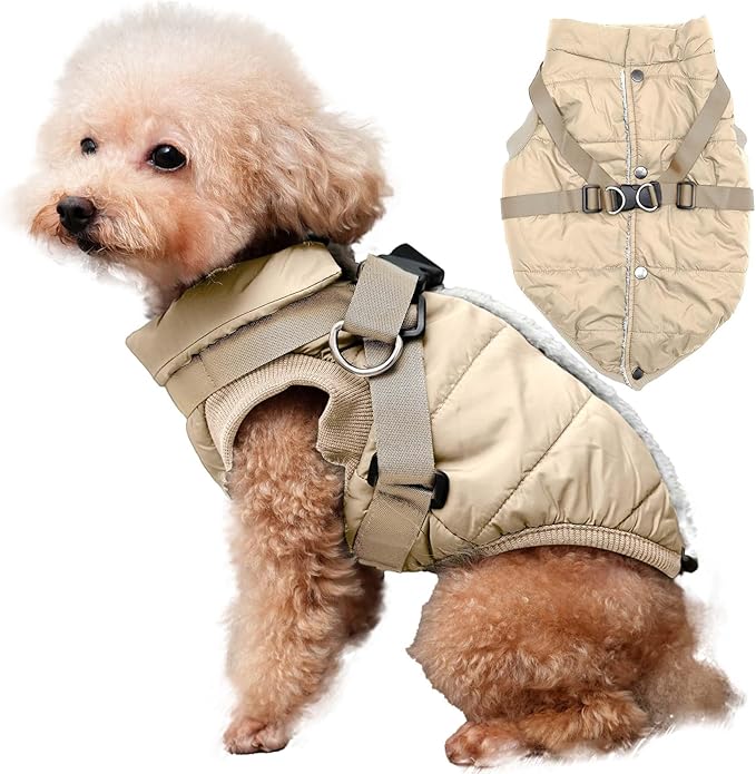 JoyDaog Dog Jacket with Harness,Fleece Lined Warm Puppy Coat for Winter,Soft Windproof Medium Dog Vest,Khaki XL