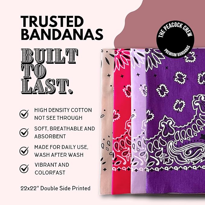 The Peacock Crew Premium Soft Cotton Bandanas Pack for Men and Women Paisley 22 x 22 inches